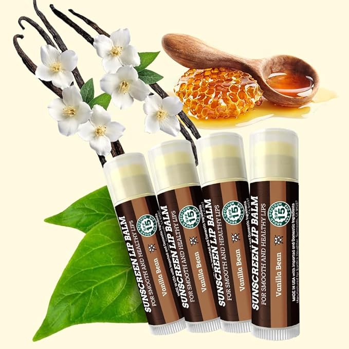 SPF Lip Balm 4-Pack by Earth's Daughter - Lip Sunscreen, SPF 15, Organic Ingredients, Vanilla Flavor, Beeswax, Coconut Oil, Vitamin E - Hypoallergenic, Paraben Free, Gluten Free