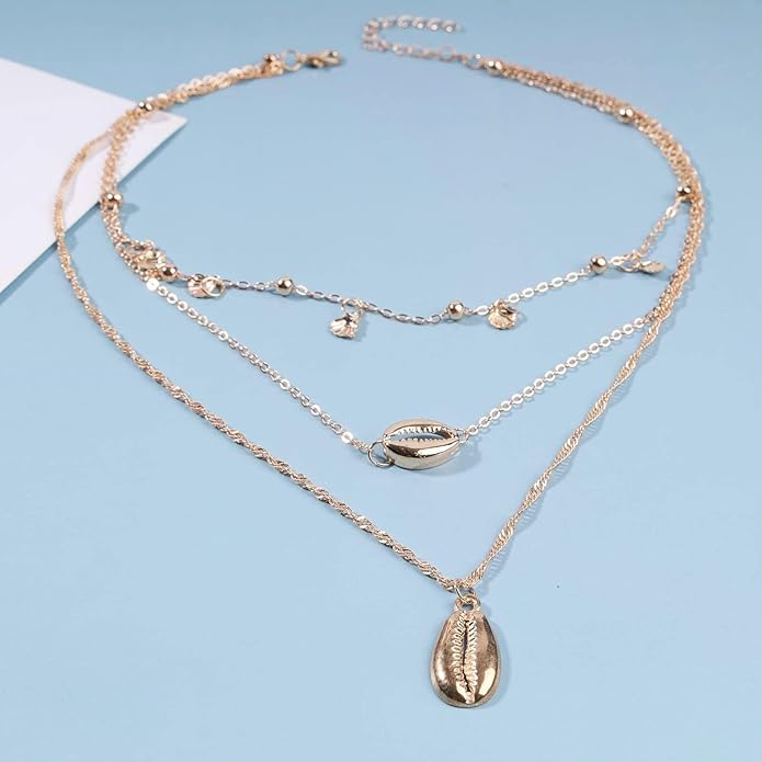 Boho Coin Disc Necklace Choker Gold Layered Shell Pendant Necklace Vintage Seashell Necklace Retro Singapore Chain Necklace Jewelry for Women Gifts