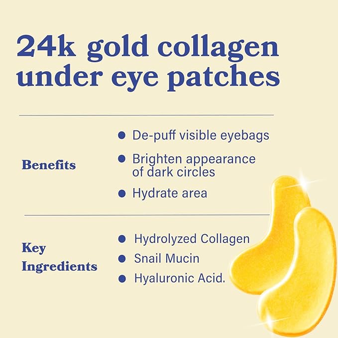 LE GUSHE Gold Under Eye Patches for Puffy Eyes and Dark Circles (10 Pairs) - Hydrating Collagen Under Eye Masks with Snail Mucin - Soothing Puffy Eyes Treatment for Women & Men - Bridesmaid Gifts