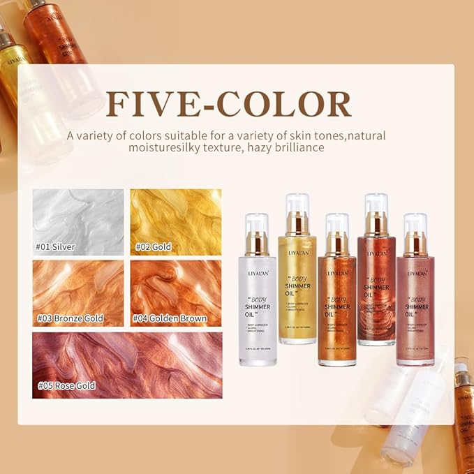 Liyalan Shimmer Body Oil Pearl White 5 Color Bronze Face Brighten Glow Highlighter Illuminator Body Makeup Shine Glitter Gold Liquid Taning (2.8 Fl Oz)