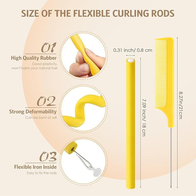 Syhood 30 Pcs 7'' Flexible Curling Rods Twist Foam Hair Rollers Soft Foam No Heat Hair Rods Rollers and 1 Steel Pintail Comb Rat Tail Comb for Women Long Short Hair(Yellow,7 x 0.3 Inch)