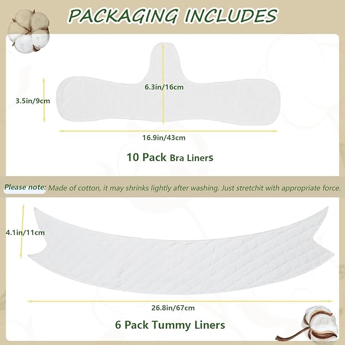 16 Pack Cotton Tummy Liners and Bra Liners Set for Sweat Rash Skin Folds Plus Size Women Sweating Supplies