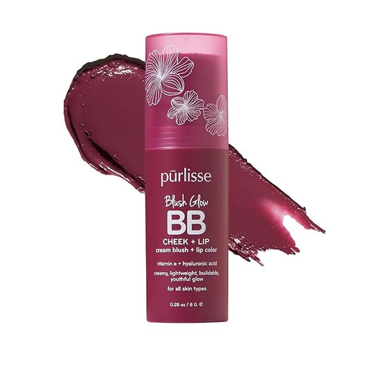 pürlisse Blush Glow Lip and Cheek Tint - Blush Stick for Cheeks and Lips with Vitamin E & Hyaluronic Acid - Hydrating & Buildable 2-in-1 Cream Blush Stick - Berry Bliss ( .28 oz)