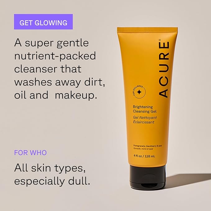 Acure Brightening Facial Scrub & Cleansing Gel Combo Pack - Exfoliating Face Wash & Gentle Daily Facial Cleanser for Radiant Skin with Sea Kelp, Pomegranate & Acai, 100% Vegan - 4 fl oz (2 Pack)