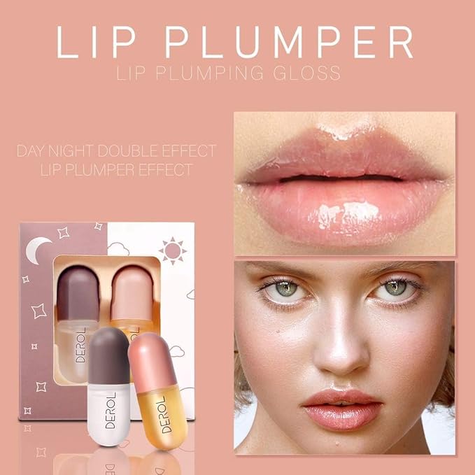 DEROL Lip Plumper by Vafee, Natural Lip Plumper and Lip Care Serum, Lip Enhancer for Fuller, Lip Mask, Beautiful Fuller, Hydrating & Reduce Fine Lines 5.5ML (Day& Night)
