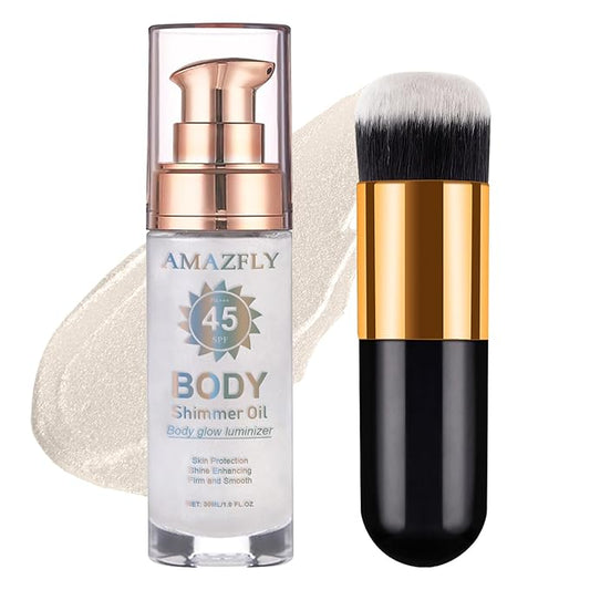 Shimmer Body Oil, SPF 45 Broad Spectrum, Sunscreen Face and Liquid Luminizer Waterproof Moisturizing, Light Shimmer Glow Illuminator, Smooth Body Highlighter Makeup (#02 Diamond Platinum)