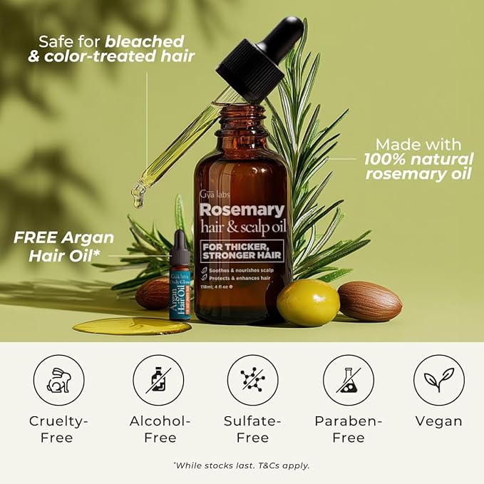 Gya Labs Rosemary & Castor Hair Growth & Styling Oil - 4 Fl Oz - Rosemary to Strengthen Hair - Protect & Tame Frizz, Dry Scalp - Hair & Scalp Hydration with 0.17 Fl Oz Deep Revival Argan Oil