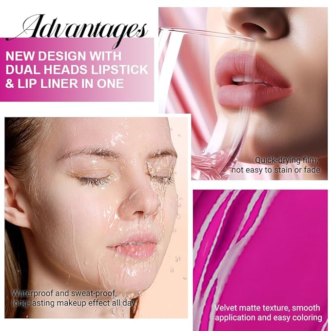 evpct 1Pcs Hot Pink Matte Lip Liner & Liquid Lipstick Stain Makeup Set for Women, Hot Pink Lip Liner Stain Long Lasting Waterproof Smudge Proof, Cruelty Free Lip Stick Makeup 24 hours originales, 59