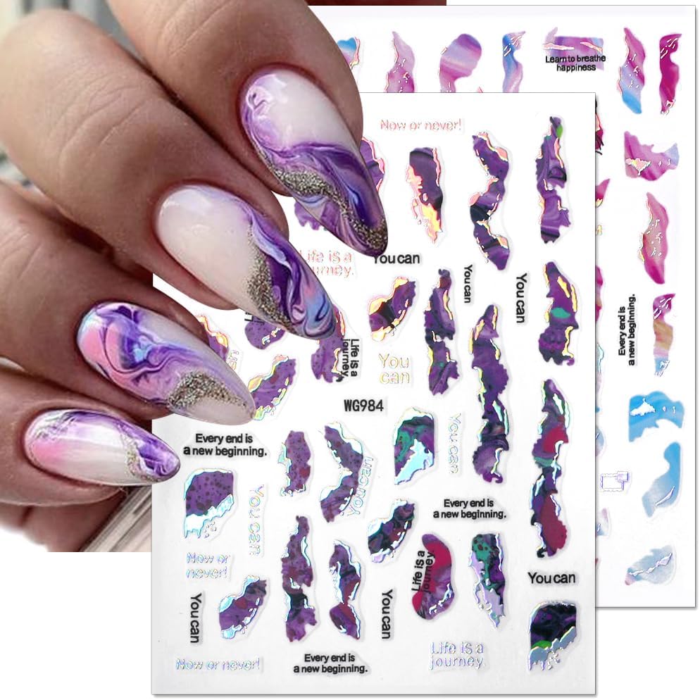 6 Color Marble Nail Art Stickers - Women's 3D Bronzing Silver & Watercolor Blooming Decals - Self Adhesive Foil Nail Designs