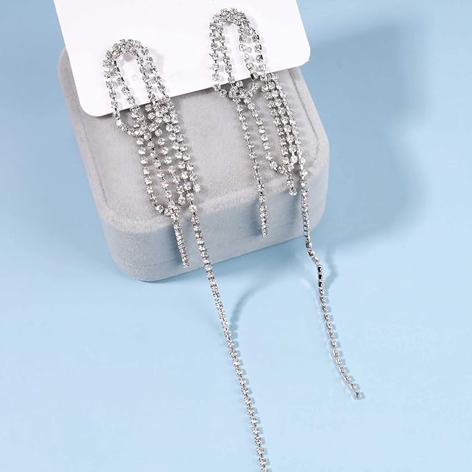 Rhinestone Tassel Ear Jacket Earrings Long Rhinestone Chain Earrings Silver Crystal Tassel Earrings Vintage Chandelier Chain Earrings Luxury Statement Earrings Jewelry for Women and Girls Gifts