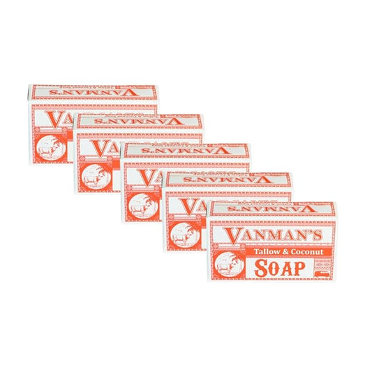 VanMan Beef Tallow and Coconut Oil Bar Soap – Pure Grass-Fed Beef Tallow Soap with Coconut Oil & Kaolin Clay, Subtle Grapefruit Scent, Hydrating & Nourishing, Clean Ingredients, 3.8oz - 5 Pack