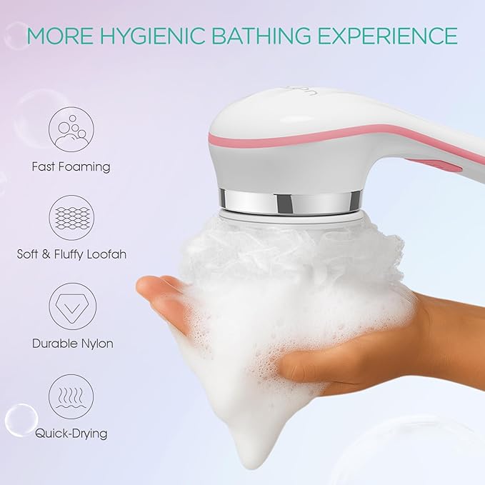 VOYOR Electric Body Brush Back Scrubber for Shower Rechargeable Exfoliating Bath Brush Powered Shower Brush with Non-Slip Long Handle Deep Cleansing, Exfoliation, Massaging Spin Brush BC100 (Pink)