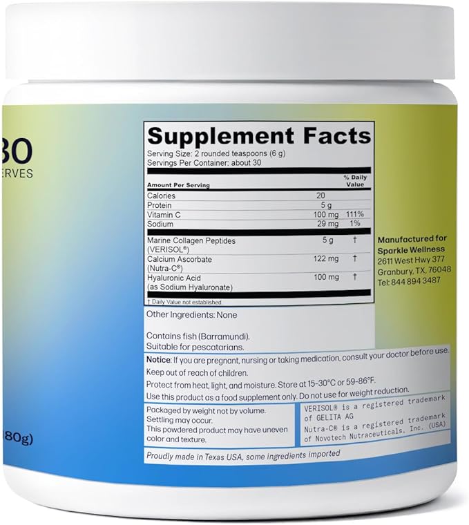 Sparkle Wellness Marine Skin Boost Plus (No Flavor) [30-Serves] | Collagen Powder Supplement with Marine-derived VERISOL Bioactive Hydrolyzed Collagen Peptides, Vitamin C & Hyaluronic Acid