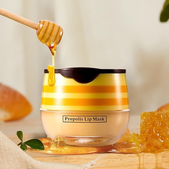4 Pcs Bee Lip Balm Lip Mask Honey Pot, Honey & Strawberry Lip Mask Propolis Moisturizing Lip Balm Hydrating Prevention Dry and Cracked Lip Scrubs Exfoliator,Reduces Lip Lines.