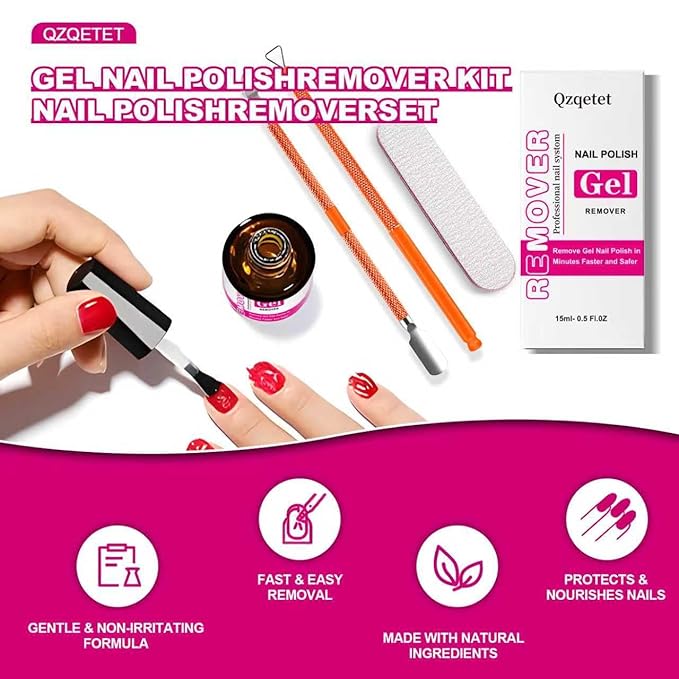 Gel Nail Polish Remover Kit - 15ML(0.5fl.oz) Fast Gel Remover with Latex Tape Peel Off Liquid and Manicure Tools, No Soaking or Wrapping Needed, Easy Removal for Gel Nails