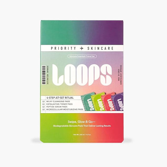 LOOPS Skincare Essentials Travel Set - 4-Step Routine with 12 Travel Pads Each (Pack of 48) Swipe, glow & go — biodegradable skincare pads that deliver lasting results.