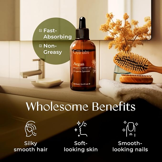 Gya Labs Organic Argan Oil for Hair - 100% Pure Natural Cold-Pressed Moroccan Argan Carrier Oil for Skin, Face, Nail, Lotions, Soaps & Conditioners (3.4 Fl Oz) - Soothing & Moisturizing