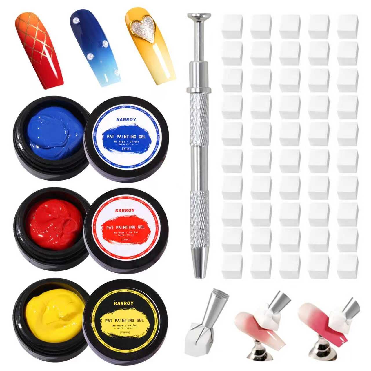 Sponge Patting Painting Nail Gel Set, 50PCS Sponges with Grabber for Ombre Gradient Nails, Blending Mixing Colors Blue Red Yellow, Aurora Nails Art Design (50Sponges & Grabber & 3PrimaryColors)