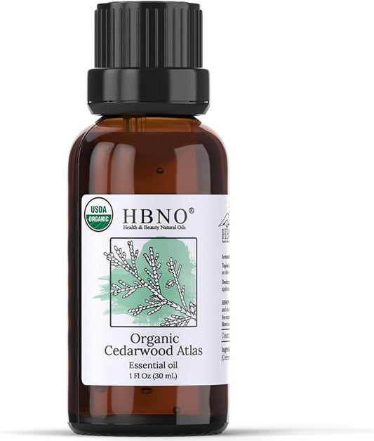 HBNO California Bottled Organic Cedarwood Essential Oil 1 fl oz (30ml) - USDA Certified Organic Cedarwood Essential Oil for Aromatherapy, Soap Making, DIY, Fragrances, Diffuser
