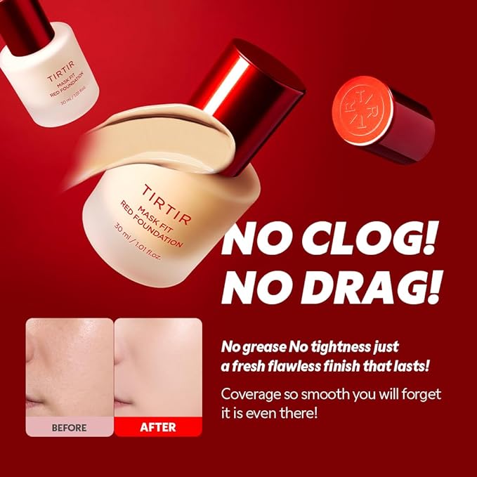 TIRTIR Mask Fit Red FoundationㅣLong Lasting Flawless Coverage, Energy Essence, Lightweight, Hydrating, Pore-Blurring, Breathable Satin Finish, Makeup, Radiant Skin, #45W Chestnut, 1.01 Fl Oz