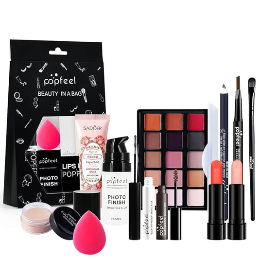 All in One Eyeshadow Palette Makeup Set, Makeup Kit with Primer, Mascara, Concealer Palette, Lip Stick, Brow Pen, Travel Makeup Bundle Holiday Surprising Makeup Gift Box for Women Girl