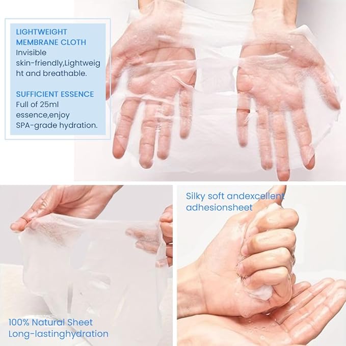 Kaely 10 Pack Hyaluronic Acid Masks, Hydrating Smoothing Face Masks for Women Men, Facial Mask Skin Care Korean, Moisturize Nourish for All Skin Types, Birthday Christmas Gifts, Set04