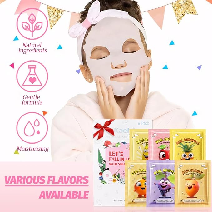 Kaely 6 Pack Fruit Face Masks for Kids, Kids Face Mask Spa Day Kit Supplies, Spa Party Favors for Teens Girls Women, Sheet Facial Mask Skincare Gifts Set, Moisturize Soothe for All Skin Types, 01