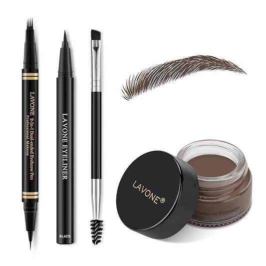 Eyebrow Pen Makeup Kit With 4 Tip Waterproof Microblading Pencil, Eyeliner, Pomade and Dual-ended Brush - Natural Looking Brow Kit for Brunette