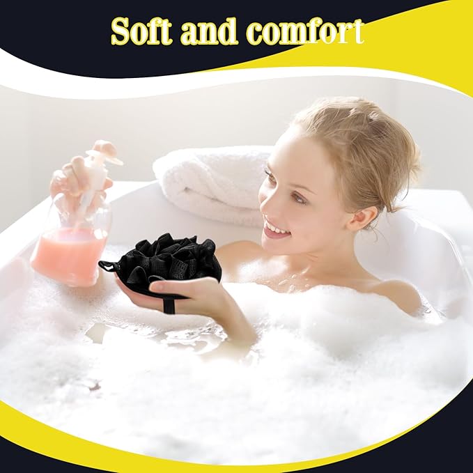 Boao 6 Pcs Bath Shower Pouf Sponge Mesh Pouf Shower Ball Exfoliating Body Sponge Pad Scrubber Glove with Flower Bath Ball (Black)