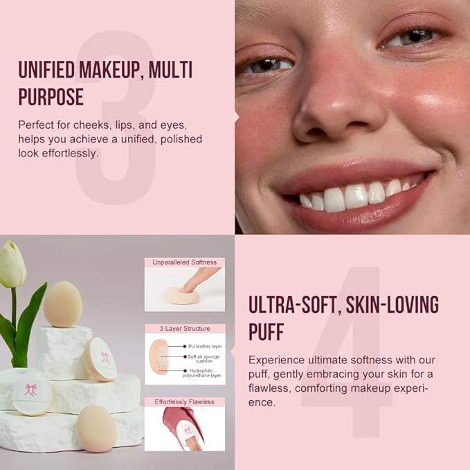 Multi-Use Makeup Cream Blush Stick, Unidollss 3-in-1 Buildable Blush Stick for Cheeks, Eyes, and Lips, Hydrating formula, All day wear, Easy Application with Thumb Puff Included (04 FLIRT)