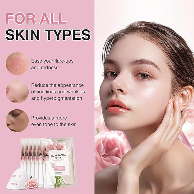 10 Sheets Face Masks Skincare for All Skin Types, Rose Hydrating Face Sheet Masks Suitable for Sensitive Skin, Pink Moisturizing Facial Mask for Women Skin Care, Face Mask Gifts for Face Spa