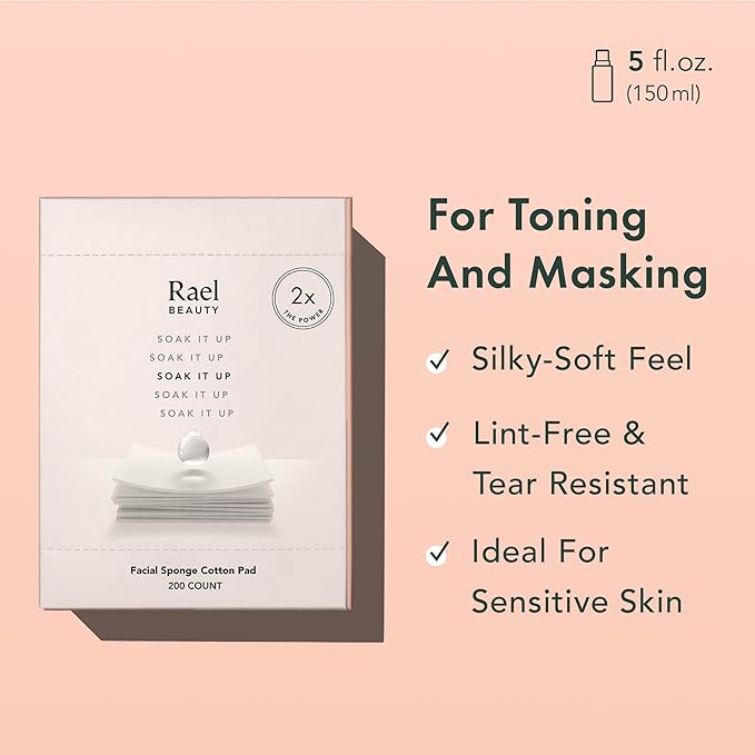 Rael Cotton Pads for Face - Facial Sponge, Square Pad Use with Toner, Makeup Remover, Lint-Free, Soft and Thin, Korean Skin Care (200 Count)