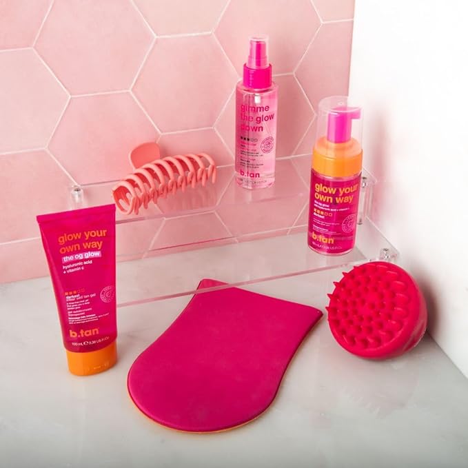 b.tan Clear Self Tanning Gel Travel Size Kit | Glow Your Own Way Gift Set - Includes Mini Dark Fake Tanner Mousse, Gradual Bronzing Face Mist, Express Transfer Free Tan Gel, & Applicator Mitt
