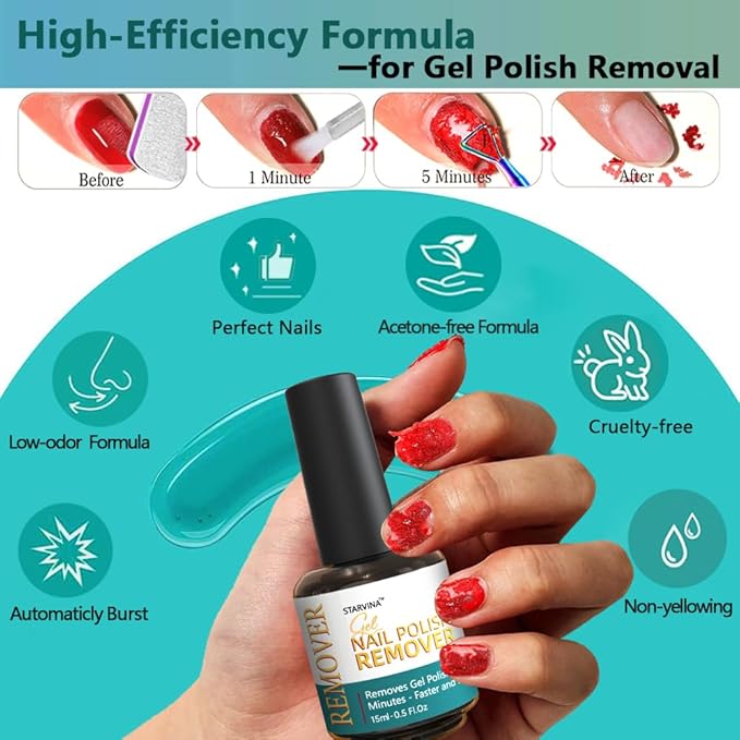 Gel Nail Polish Remover Kit, Gel Remover for Nails No Need Soaking or Wrapping, Easily and Quickly Removes in 3-5 Minutes, with Cuticle Pusher & Scraper