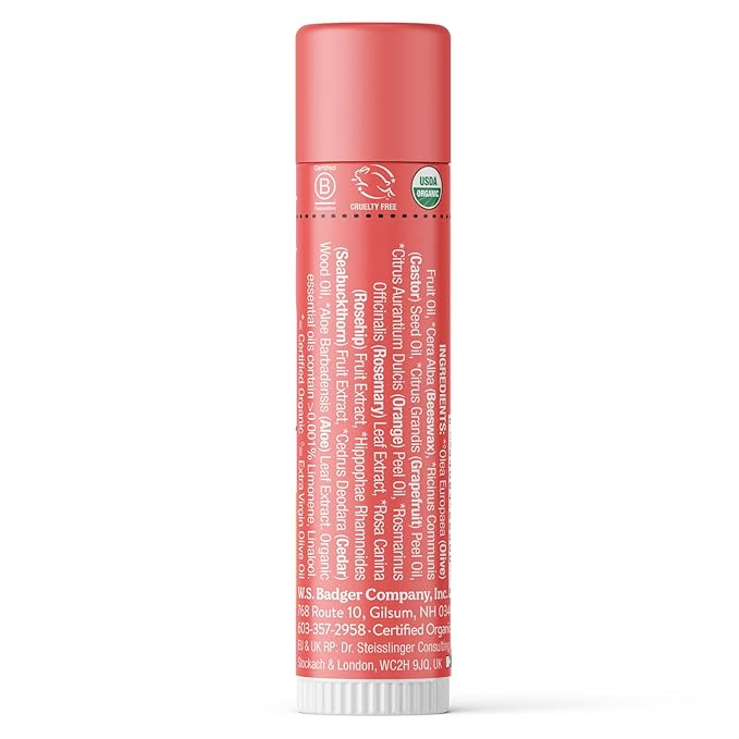 Badger - Classic Lip Balm, Pink Grapefruit, Made with Organic Olive Oil, Beeswax & Rosemary, Certified Organic, Moisturizing Lip Balm, 0.15 oz (4 Pack)
