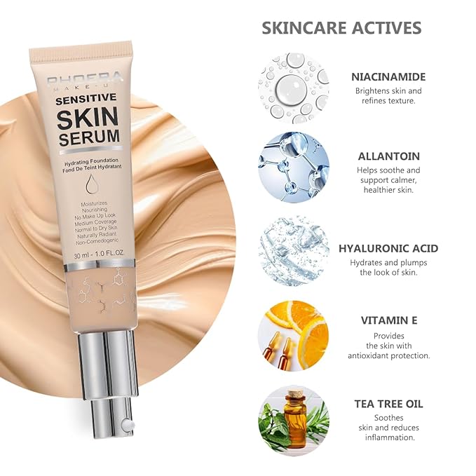 PHOERA Hydrating Serum Foundation,Makeup Base Foundation Hypoallergenic and Flawless Full Coverage.(N01 Porcelain)