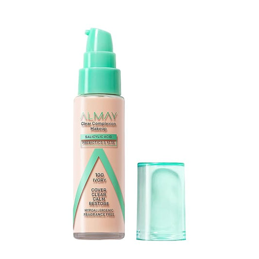 Almay Clear Complexion Acne Foundation Makeup with Salicylic Acid - Lightweight, Medium Coverage, Hypoallergenic-Fragrance Free, for Sensitive Skin , 100 Ivory, 1 fl oz.