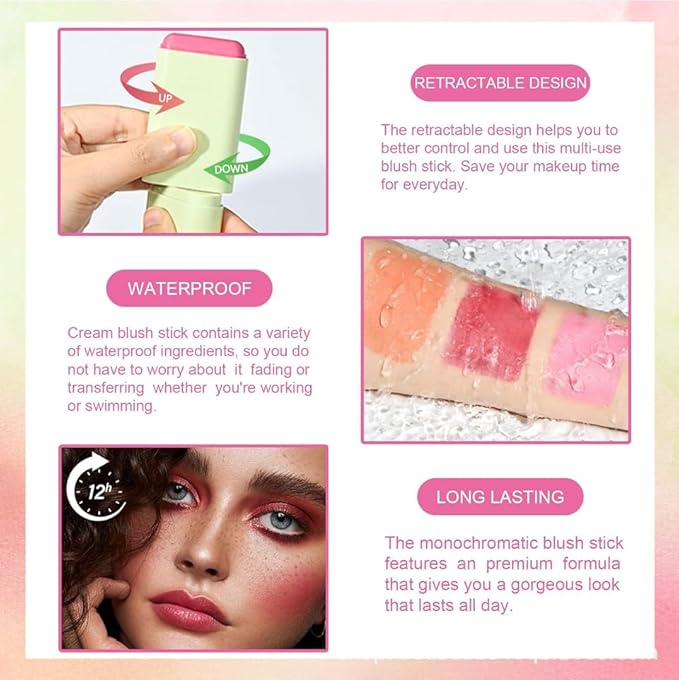 Cream Blush Stick, Blush Beauty Wand for Cheek and Lip Tint with Long Lasting Hydrating Formula, Waterproof Vegan Solid Tinted Moisturizer Matte Blush Stick for Cheeks and Lip Pink(03#)
