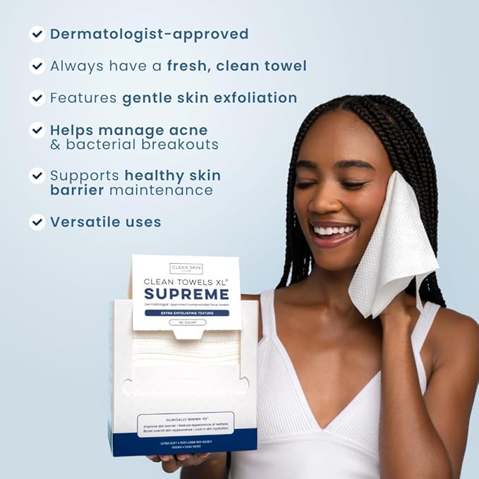 Clean Skin Club Clean Towels XL® Supreme, 100% USDA Biobased Face Towel, Disposable Face Towelette, Eczema Association Accepted, Makeup Remover Dry Wipes, Ultra Soft, 1 Pack, 50 Ct