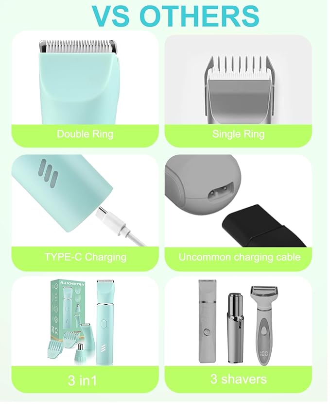 Bikini Trimmer for Women,2-in-1 Painless Electric Razors & Shaver Nose,IPX7 Waterproof,Body Hair Trimmer for Underarm/Pubic/Nose/Legs,USB-C Rechargeable Women's Grooming Kit (Mint Green)