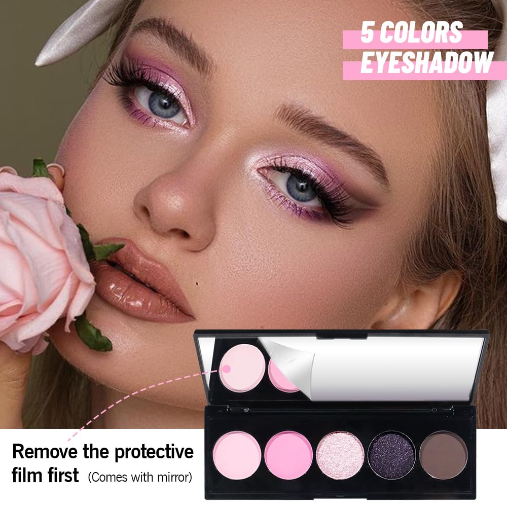 5 Colors Highlight Pink-Purple Eyeshadow Palette with Mirror, Pearl White Silver Brown Nude Rose Gold Glitter Shimmer Palette, Cruelty-Free, Vegan Formula, Matte Eyeshadow for Professional Makeup