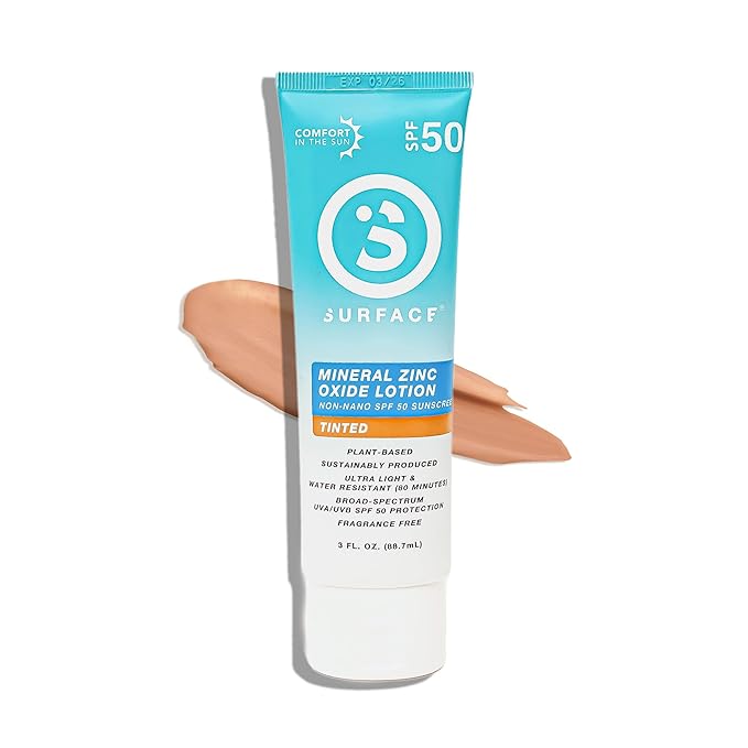 Surface Mineral Sunscreen Lotion SPF 50, Lightweight Non-Nano Zinc Oxide Formula, Reef Friendly, Broad Spectrum UVA UVB Protection, Water Resistant Sun Care for 80 Minutes Outdoor Use, Tinted, 3oz