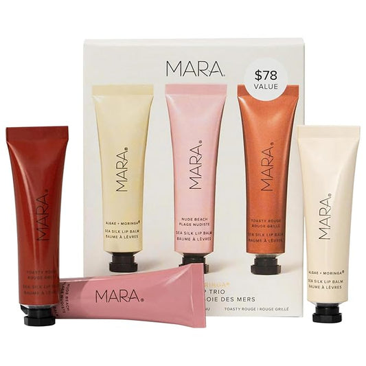 MARA - Sea Silk Lip Balm Trio | Non-Toxic, Plant-Based Skin Care, Hypoallergenic | Moisturize, Plump + Soothe Dry, Chapped Lips | Clear, Nude Beach, & Toasty Rouge (3 Piece Set)
