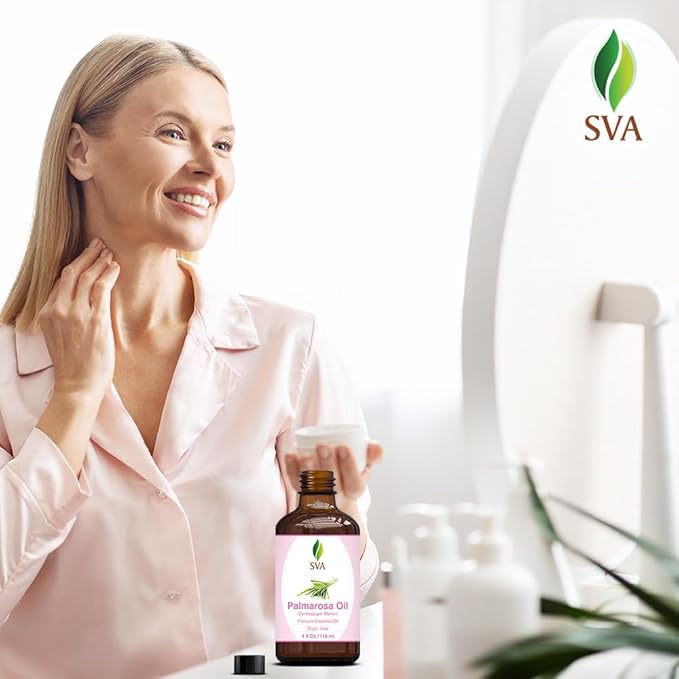 SVA Palmarosa Essential Oil – 4 Fl Oz – 100% Natural Palmarosa Oil - for Diffuser, Hair Care, Face, Skin Care, Aromatherapy, Scalp and Body Massage, Soap and Candle Making – with Dropper