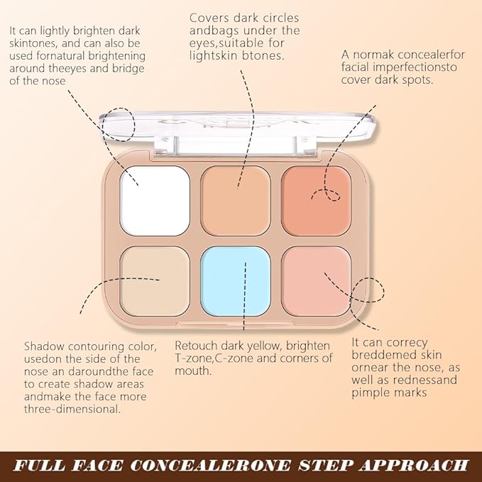 evpct 6 Colors Concealers Full Coverage Cream Contour Palette with Brush for Older Women, Under Eye Color Corrector Tri Color Pot Concealer Palette for Dark Circles Mature Skin Makeup, Waterproof, A2