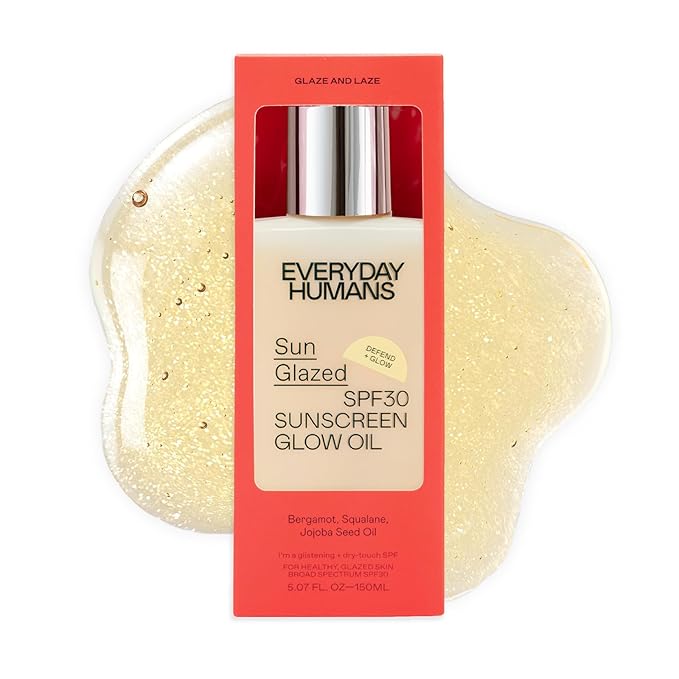 Everyday Humans Sun Glazed SPF30 Sheer Body Glow Oil with Gold Mica | Hydrating Non-Sticky Glowing UV Protection Cruelty Free 5.1 Fl Oz | Bergamot, Squalane, Jojoba Seed Oil | UVA/UVB Broad Spectrum