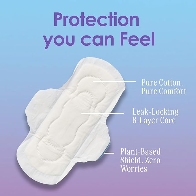 August Regular Cotton Menstrual Pads, 72-Pack Ultra Thin Pads with Wings, Hypoallergenic Sanitary Napkins with Organic Cotton Topsheet, Compostable Wrappers, Toxin Free, Fragrance Free