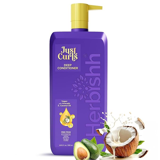 Herbishh Just Curls Deep Conditioner for Curly, Wavy Hair, 500ml, Avocado & Coconut Oil, Vegan, Curlfaction & Dry Damaged, Detangler