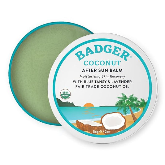 Badger Coconut AfterSun Balm, 100% Organic Soothing Sunburn Relief, Great Smelling, Moisturizing & Hydrating After Sun Skin Care, 2 oz Tin