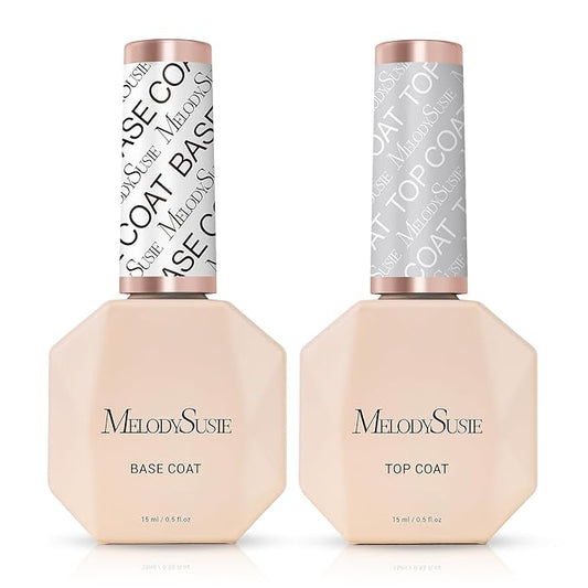 MelodySusie No Wipe Glossy Top Coat Base Coat Set Long Lasting Shine Finish Soak Off UV LED Nail Lamp Nail Polish Art Design Manicure Kit Perfect Gifts for Women Girls 2 Pcs 15ml Clear